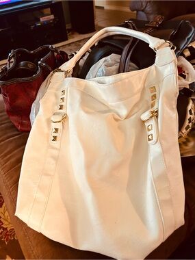 White Studded Leather Tote Bag - Classic Everyday Carry
